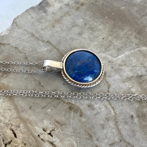 950 Silver Dainty Round Lapis Lazuli Pendant Cabochon Necklace 18" Cable Chain - Picture 3 of 16